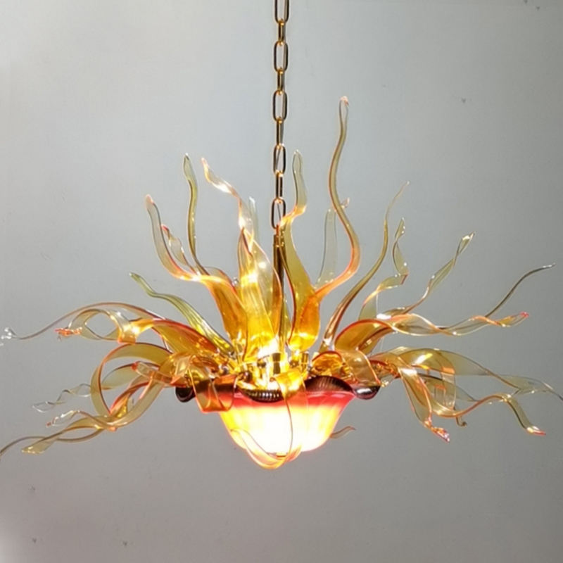 Pretty Orange Brown Hand Blown Modern Glass Flower Chandelier Lighting Flame LED