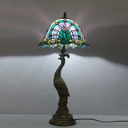 Peacock Tiffany Lamp Stained Glass Table Lamp Bedroom LED Home Handmade Light