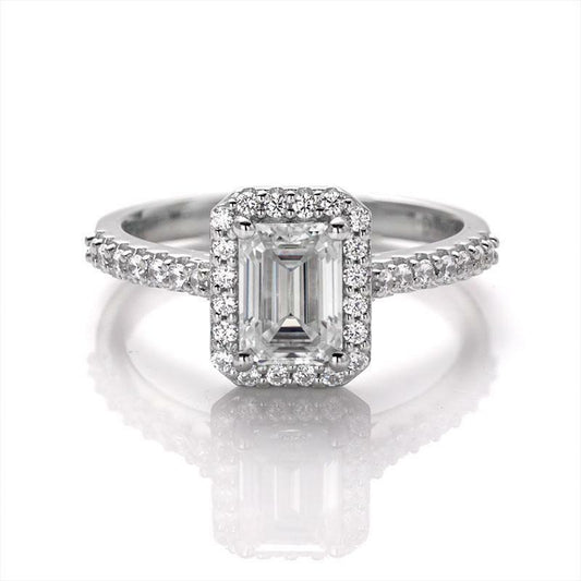 1.0 Ct Classic Emerald Cut Halo Moissanite Engagement Ring 925 Sterling Silver