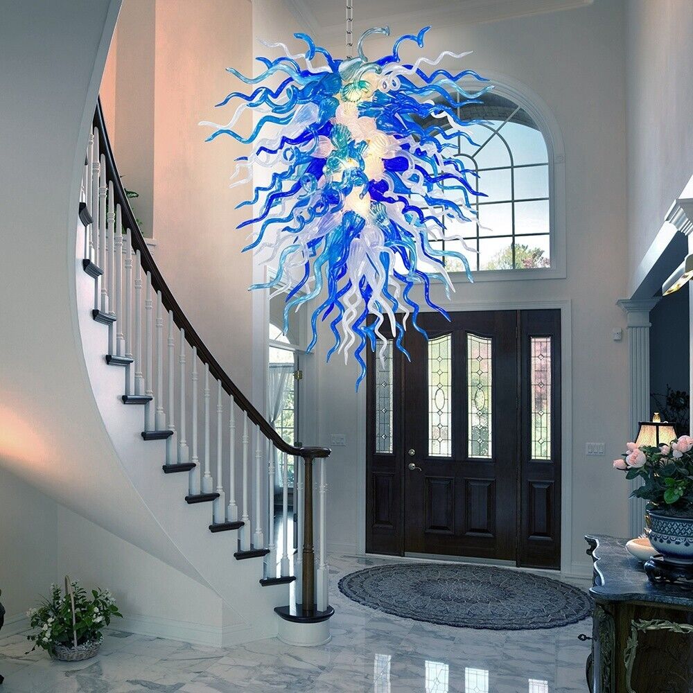 Long Blue White Hand blown Glass Chandelier Light Fixture Suitable For Staircase