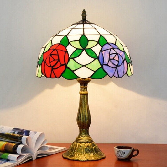 Red Purple Retro Creative Rural Rose Bedside Tiffany Lamp Stained Glass 12 inch