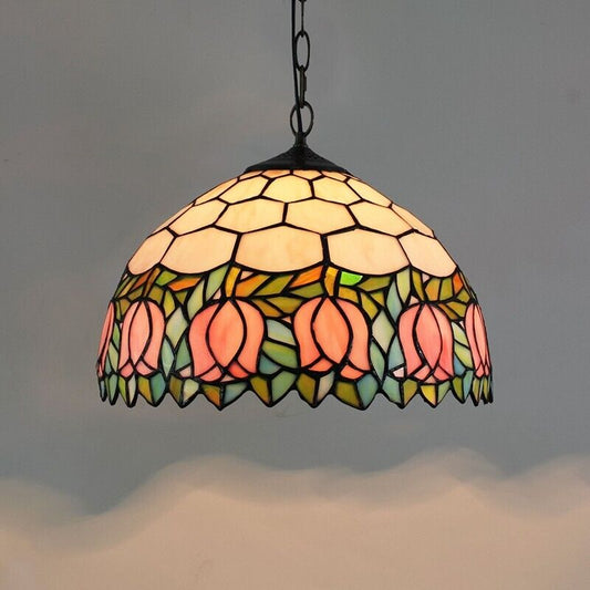 12 In Tiffany Pink Tulip Pendant Hanging Ceiling Lamp Stained Glass Night Light