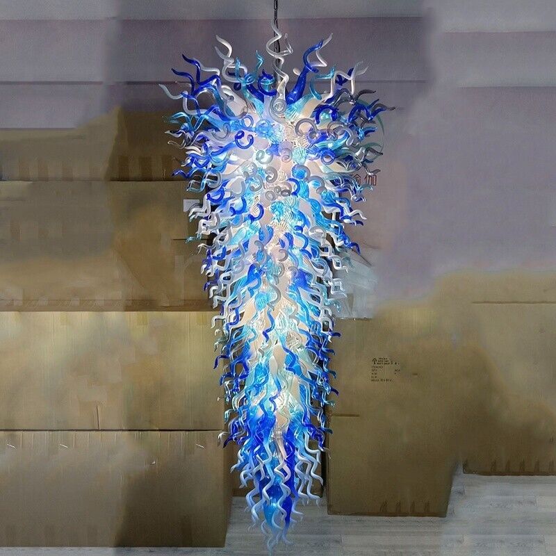 Long Blue White Hand blown Glass Chandelier Light Fixture Suitable For Staircase