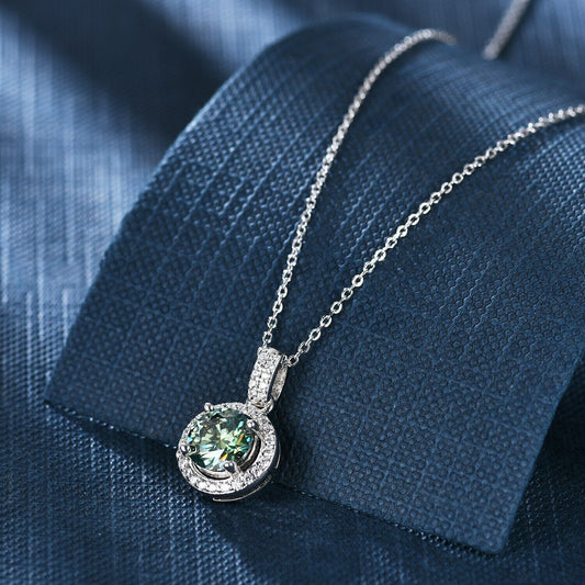 Round Cut Halo Green Moissanite Pendant Necklace 1.0Ct Real 925 Sterling Silver 