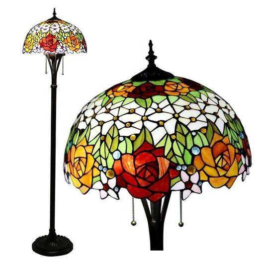 Rose Flower Tiffany Floor Lamp Stained Glass Bedroom Home Decoration LED Light