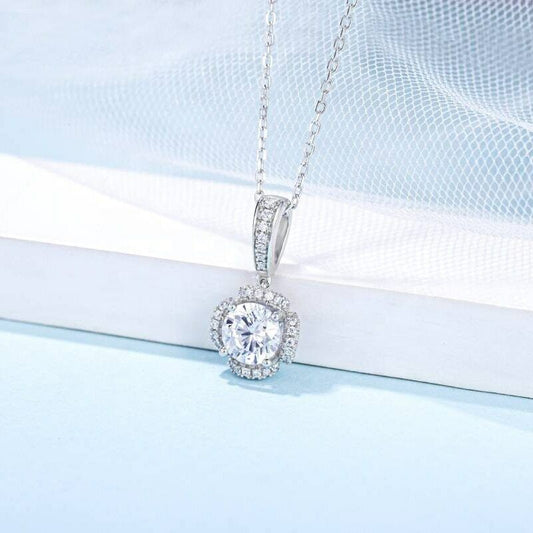 6.5mm 1Ct Moissanite Pendant Necklace Round 925 Sterling Silver Statement Women